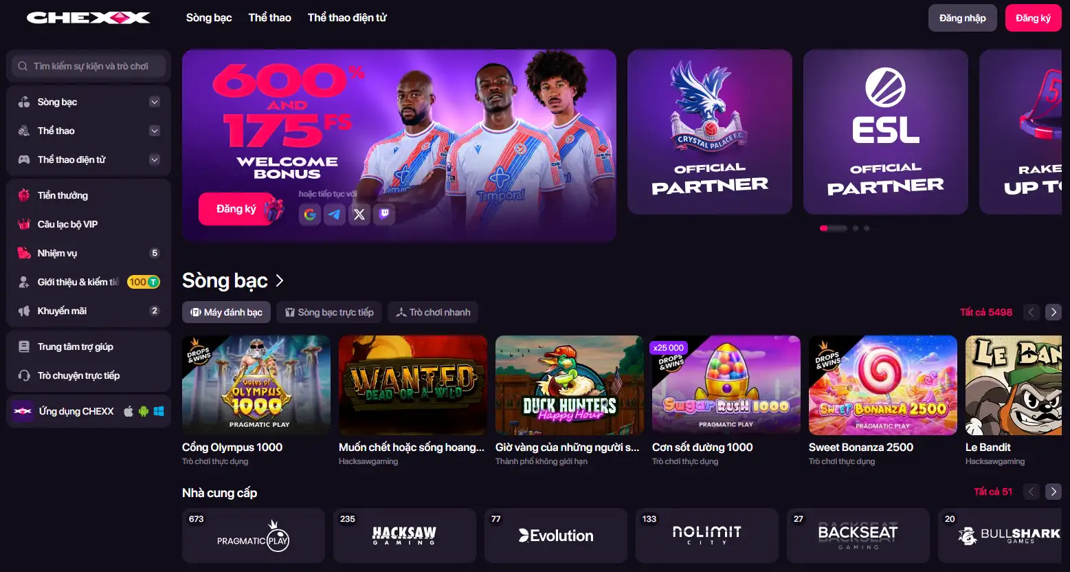 Ảnh chụp giao diện CHEXX với khu vực casino và sportsbook